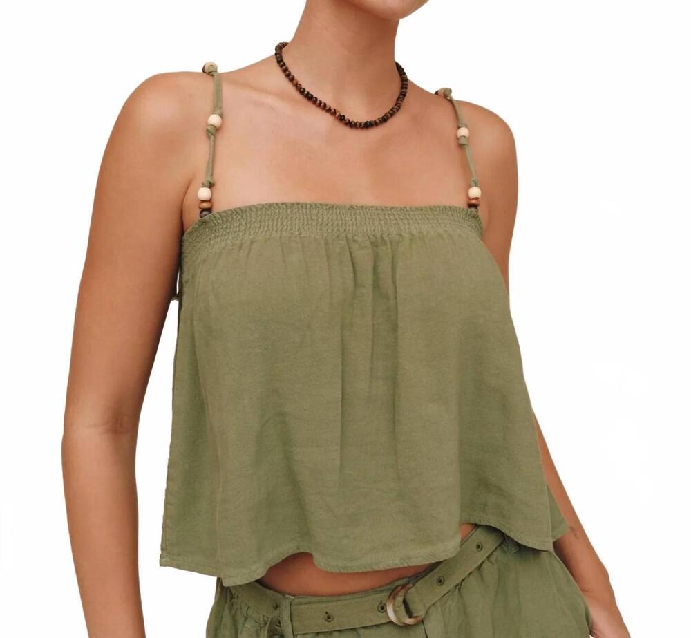 NEW BELLA DAHL smocked beaded strap tank in olive leaf